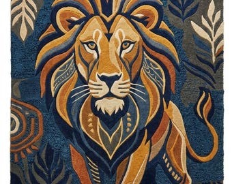 Majestätischer handbüffelter Löwenteppich, Boho-Dschungel-Löwendruck-Teppich, Gold-Marine-Blau abstrakter Tierteppich, Eklektischer Safari-Bodenteppich.