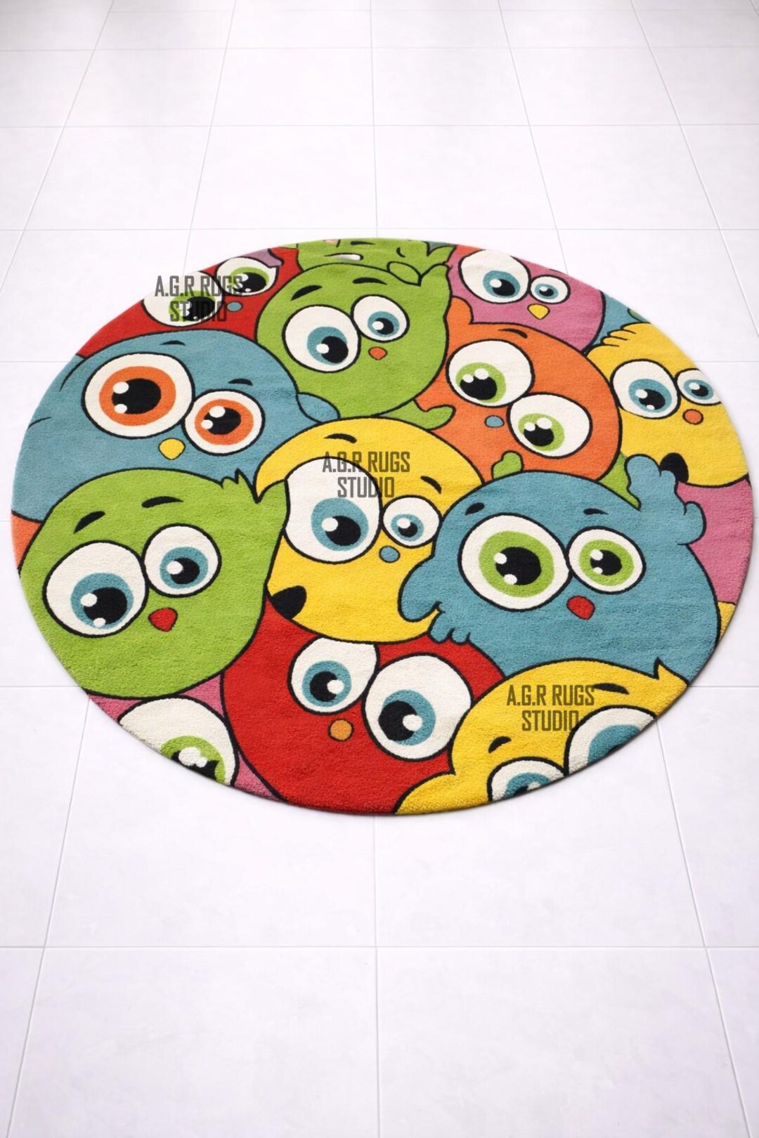 Hand Tufted Multi Color Birds Print Round Rug, Handmade Rug, Kids Rug ...