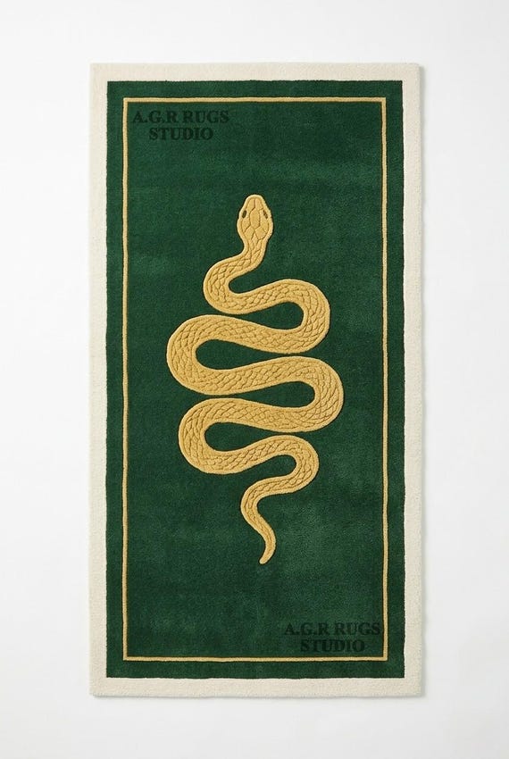 Gold Snake Hand Tufted Rug, Emerald Green Dark Academia Carpet, Mystical Serpent Accent Rug For Bedroom, Goth Home Decor Rug.