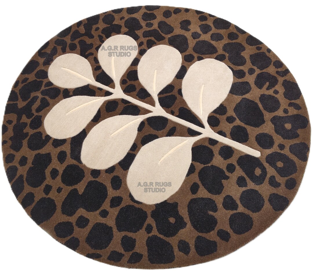 Hand Tufted Leopard and Floral Print Round Rug, Handmade Round Rug ...