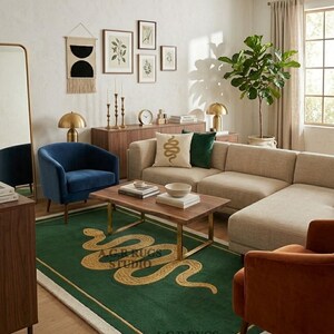 May include: A rectangular area rug featuring a deep green background with a large, gold-colored snake motif winding across the center. The rug has a thin gold border and a white fringe edge. The text A.G.R RUGS STUDIO is printed on the rug surface.