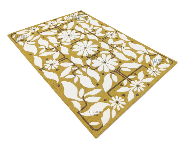 Hand Tufted Wool Rug, Mustard Yellow Floral Botanical Carpet - Etsy
