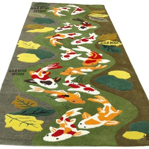 Hand Tufted Koi Fish Wool Rug, Japanese Pond Nature Carpet
