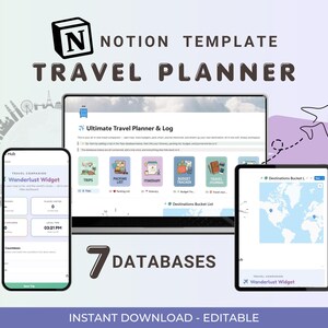 May include: A Notion template travel planner displayed on a computer monitor, a smartphone, and a tablet. The interface features the text Ultimate Travel Planner & Log, 7 DATABASES, and various icons for trips, packing lists, itineraries, and budgets.