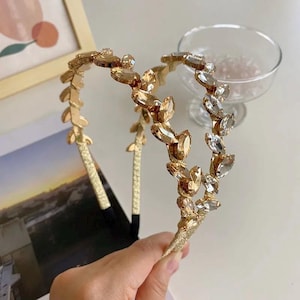Crystal Gold Leaf Headband | Korean Style Bridal & Prom Hair Accessory | Rhinestone Hairband for Weddings, Boho Events and Special Occasions