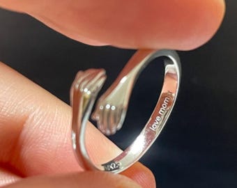 925 Sterling Silver Hug Ring, Personalized Engraved Embrace Hands, Adjustable Promise Couple Love Gift
