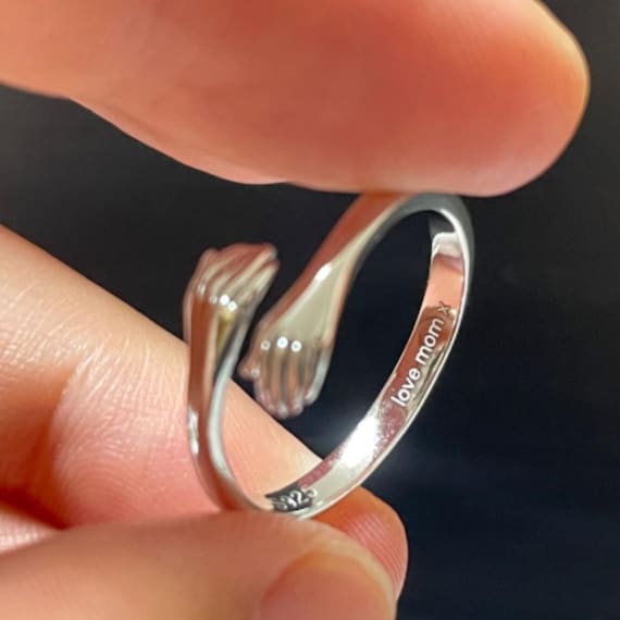 925 Sterling Silver Hug Ring, Personalized Engraved Embrace Hands, Adjustable Promise Couple Love Gift