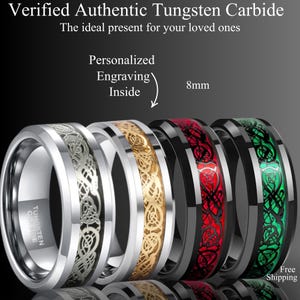 Tungsten Celtic Dragon Ring: Green Carbon Fiber Inlay, Personalized Wedding Band