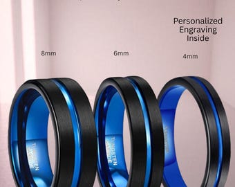 Fede nuziale in tungsteno nero: anello con scanalatura blu, ciondolo personalizzato per le forze dell'ordine.