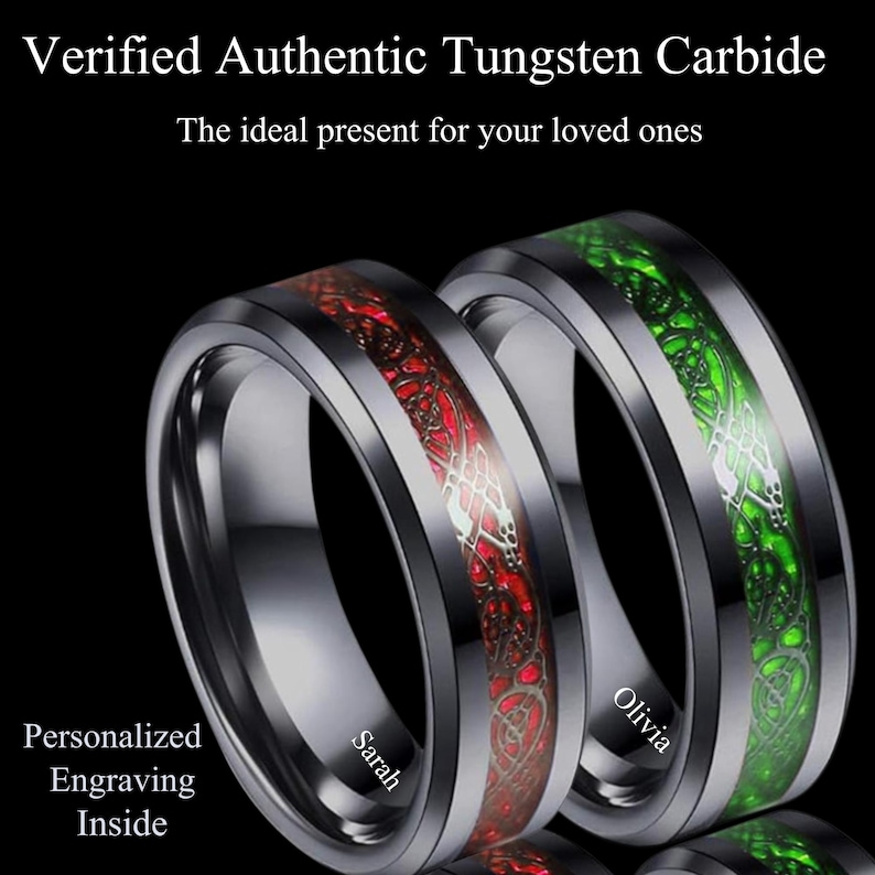 Tungsten Celtic Dragon Ring: Green Carbon Fiber Inlay, Personalized ...