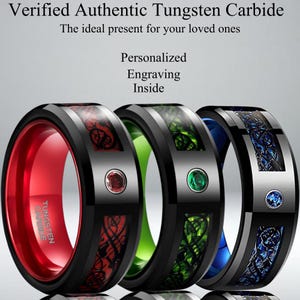 Tungsten Celtic Dragon Ring: Red Green Blue Inlay Wedding Band