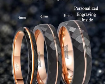 Black Hammered Tungsten Ring: Rose Gold Inlay Wedding Band