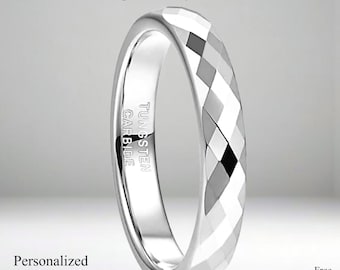 Anello in carburo di tungsteno sfaccettato da 4 mm: fede nuziale con motivo a diamante