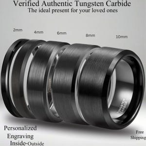 Black Tungsten Carbide Wedding Band, Stunning Beveled Brushed Men Engagement Ring, Personalized Couple Gift with Unique Engraved Edge Charm