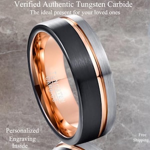 Anel de tungstênio prata preta de 6 mm e 8 mm, deslumbrante aliança de casamento masculina de obsidiana em ouro rosa, presente de compromisso de noivado com acabamento escovado e sulco ousado