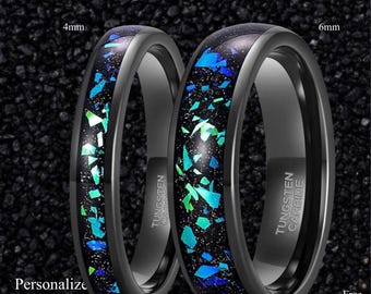 Galaxy Opal Tungsten Wedding Band: Crushed Black Opal Inlay, Unisex Ring