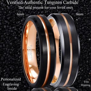 Anel de obsidiana e tungstênio em ouro rosa escovado preto de 6 mm e 8 mm, aliança de casamento refinada para homens e mulheres, presente de compromisso de noivado gravado grátis com incrustação ousada