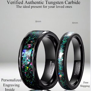 Puede incluir: Dos anillos negros de carburo de tungsteno. Un anillo mide 8 mm de ancho, el otro 4 mm. Ambos anillos tienen una incrustación iridiscente colorida. El texto en los anillos dice "Tungsten Carbide". La imagen también incluye el texto "Verified Authentic Tungsten Carbide".