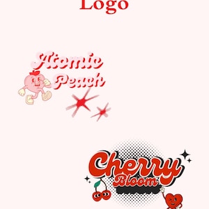 Retro Fruit Logo Bundle| Atomic Peach And Cherry Bloom Cartoon Logos| Cute Aesthetic Brand Kit