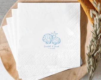 Personalized Beach Wedding Napkins, Seashell Cocktail Napkins, Coastal Wedding Beverage Napkins, Custom Ocean Party Napkins, Nautical Favors