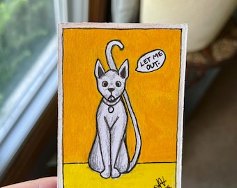 Original ACEO Art Card – “Penny Wants Out” – Hand-Painted Cat Miniature