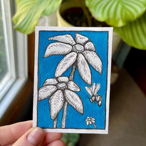 Original ACEO Art Card – “Freehand Flowers” – Pen & Ink Coneflowers with Acrylic Background – Miniature Collectible Art