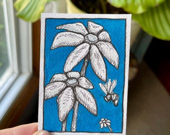 ACEO Miniature Art Card “Freehand Flowers” Pen & Ink and Acrylic