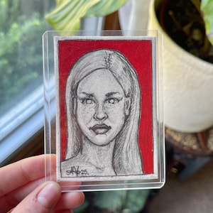 Original ACEO Art Card – “Ruby” – Graphite Portrait with Acrylic Background – Hand-Painted Miniature Art