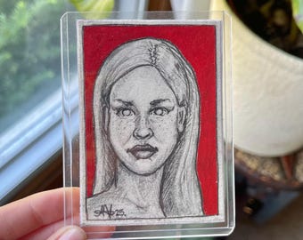 Original ACEO Art Card – “Ruby” – Graphite Portrait with Acrylic Background – Hand-Painted Miniature Art