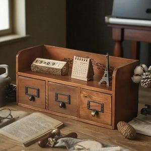 Vintage Wooden Desk Organizer: 3-Drawer Rustic Library Card Catalog Style