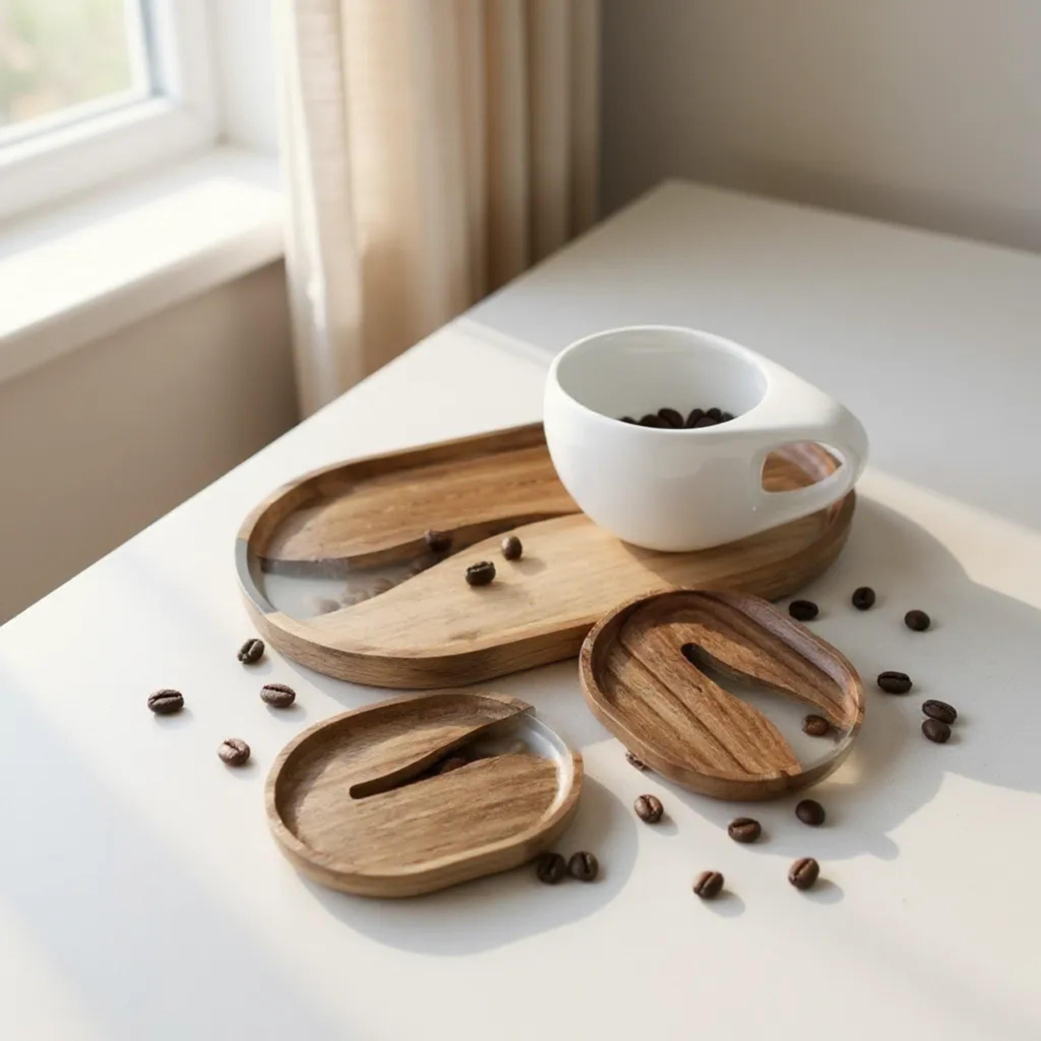 アカシア材サービングトレイ＆コースターセット – 樹脂インレイ、素朴