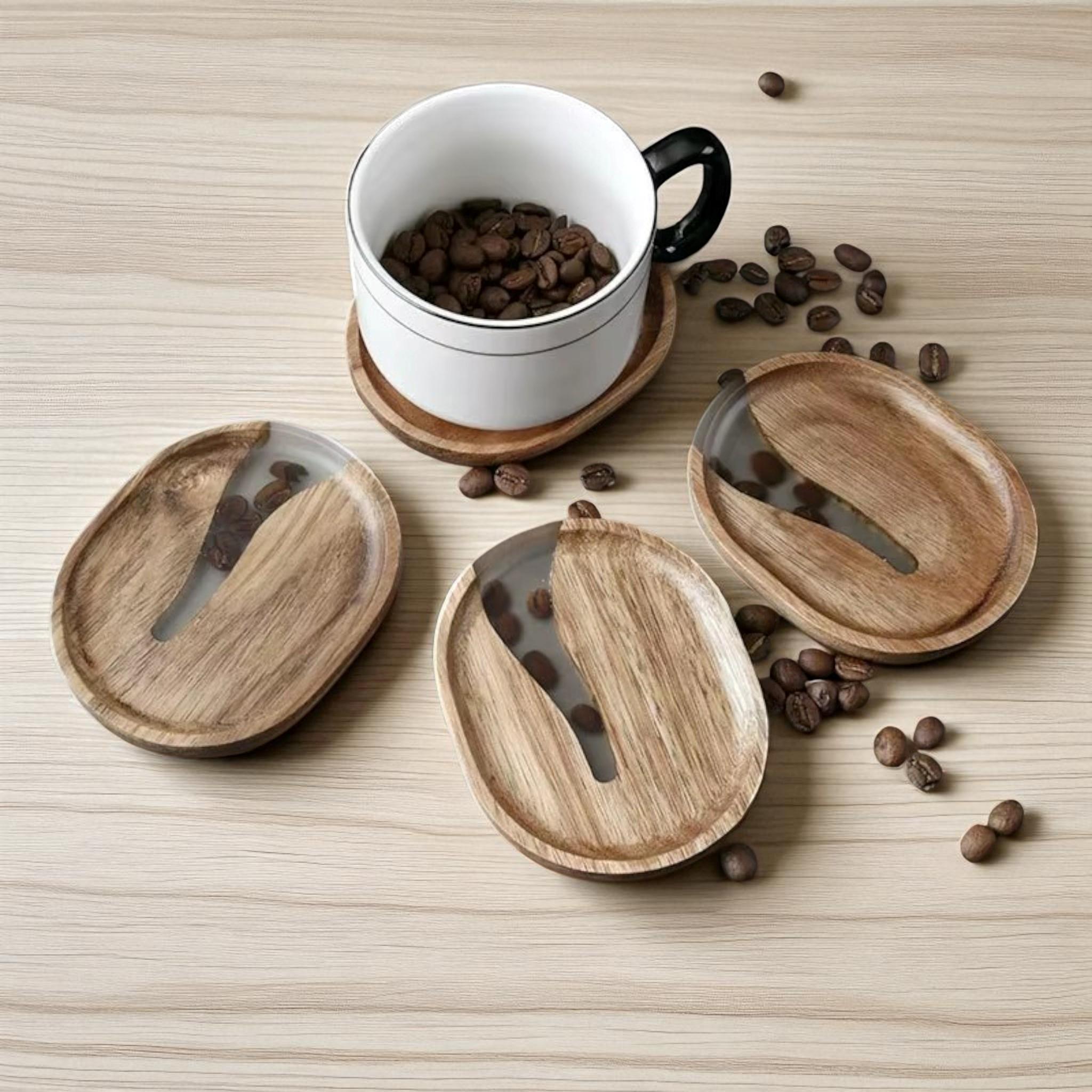 アカシア材サービングトレイ＆コースターセット – 樹脂インレイ、素朴