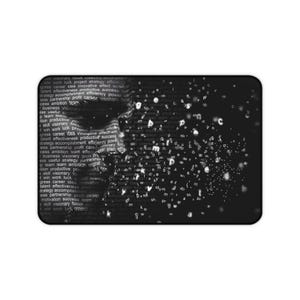 Op de afbeelding: Zwart rechthoekig muismat met een verspreid ontwerp van witte letters en woorden. De woorden zijn onder meer "visionair", "succes" en "team". De muismat is ontworpen voor computergebruik en heeft een glad oppervlak.
