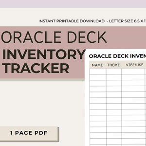 May include: A printable Oracle Deck Inventory Tracker on a white background. The document includes fields for name, theme, vibe/use, and notes. The text "Oracle Deck Inventory Tracker" is displayed in large, bold letters. The document is letter size 8.5 x 11.