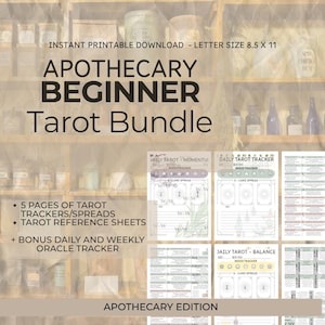 Op de afbeelding: Apothecary Beginner Tarot Bundle, printbare download. Bevat 5 pagina's met tarot trackers en spreads, tarot referentiekaarten en een bonus dagelijkse en wekelijkse orakel tracker. Letterformaat 21,6 x 27,9 cm.