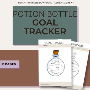 Könnte beinhalten: Druckbarer Ziel-Tracker mit einem Design einer Zaubertrankflasche. Das Design enthält den Text "POTION BOTTLE GOAL TRACKER" und "GOAL TRACKER". Der Ziel-Tracker ist für den Druck auf Papier im A4-Format konzipiert.