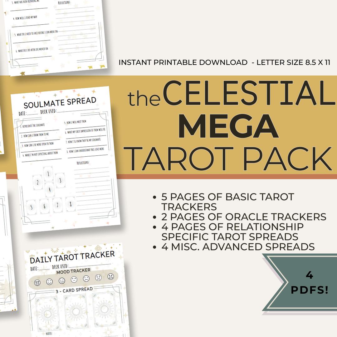 Himmlisches Tarot Journal Mega Bündel | 4 PDF Printable Packs | Tägliche Tarot-Tracker, Orakel-Seiten, Beziehungstabellen, erweiterte Layouts