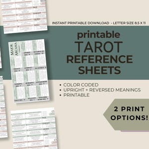 May include: Printable tarot reference sheets with color-coded upright and reversed meanings. The sheets are letter size 8.5 x 11 inches. The image shows the Major Arcana cards and other tarot card details. Two print options are available.