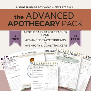 Può includere: Un download stampabile istantaneo, l'Advanced Apothecary Pack, include pagine di tracciamento dei tarocchi, stese di tarocchi avanzate e tracker di inventario e obiettivi. Il pacchetto contiene 4 PDF e 23 pagine. Formato lettera 21,6 x 27,9 cm.