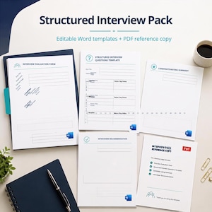 Könnte beinhalten: Ein strukturiertes Interview-Paket mit bearbeitbaren Word-Vorlagen und einer PDF-Referenzkopie. Die Dokumente umfassen ein Interview-Bewertungsformular, eine Fragenvorlage, eine Zusammenfassung der Kandidatenbewertung und ein Empfehlungsformular.