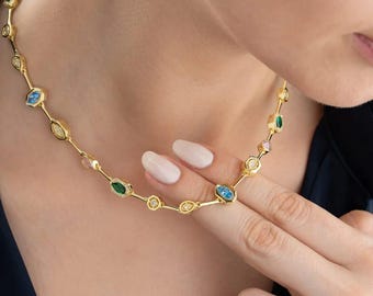 925 sterlingzilveren veelkleurige ketting - elegante regenboogketting - regenboogketting meerdere stations - minimalistisch cadeau voor haar