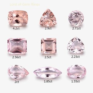 May include: Nine peach-colored gemstones of varying shapes, including cushion, triangle, round, square, and oval cuts. Each gem is labeled with its carat weight, ranging from 1.55ct to 4.2ct. The text "Lord of Gem Rings" is at the top.