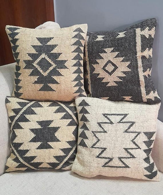 Handwoven Wool Jute Cushion Cover: Boho Rustic Throw Pillow