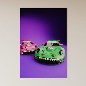 May include: Two toy race cars, one pink and one green, are displayed against a purple background. The cars have a cartoonish design with a toothy grin on the front. The pink car has a red spoiler, and the green car has a green spoiler.