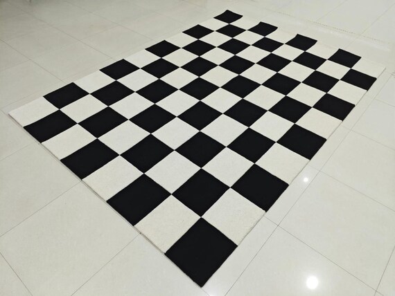 Hand Tufted Wool Checkered Rug, Black and White Carpet