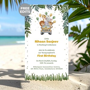 Faire-part de baby shower dans la jungle • Carte de 1er anniversaire Safari modifiable • Téléchargement instantané