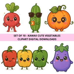 Ensemble PNG de légumes kawaii | Clipart végétarien mignon | Carotte souriante, tomate, brocoli, petits pois et plus | Autocollants numériques pour travaux manuels