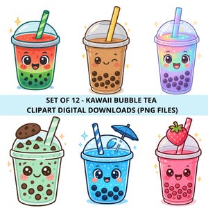 Kawaii Bubble Tea PNG Bündel | Niedliche Boba Clipart | Lächelnde Seifenblasen-Teedateien | Pastell Getränke Aufkleber | Digital Download Set