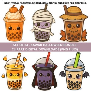 Halloween Kawaii Bubble Tea Clipart Bundle | 24 PNG Digital Downloads | Cute Boba Tea Sublimation, Kawaii Halloween Clip Art