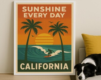 California Surf Poster: Retro Palm Tree Beach Print (Digital Download)